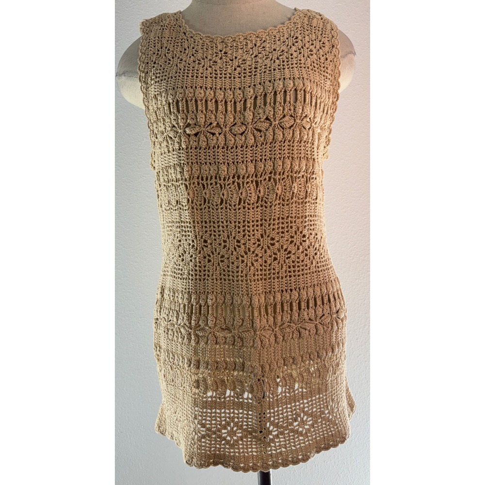 VTG 90s Y2K Jones New York Tan Crochet Knit Tank Top Cotton Large Hippie Cottage